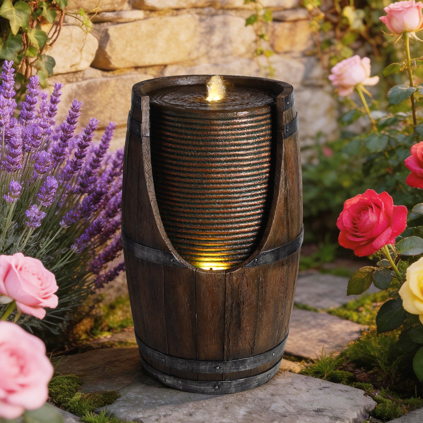 Outdoor Water Fountain with Lights Rustic Wood Look Resin Garden Decor for Patio Yard