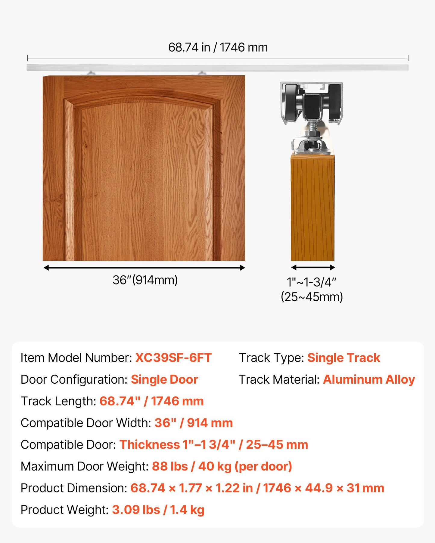 Sliding Pocket Door Hardware Track Kit - 68.74 Inch with Soft Close, Black