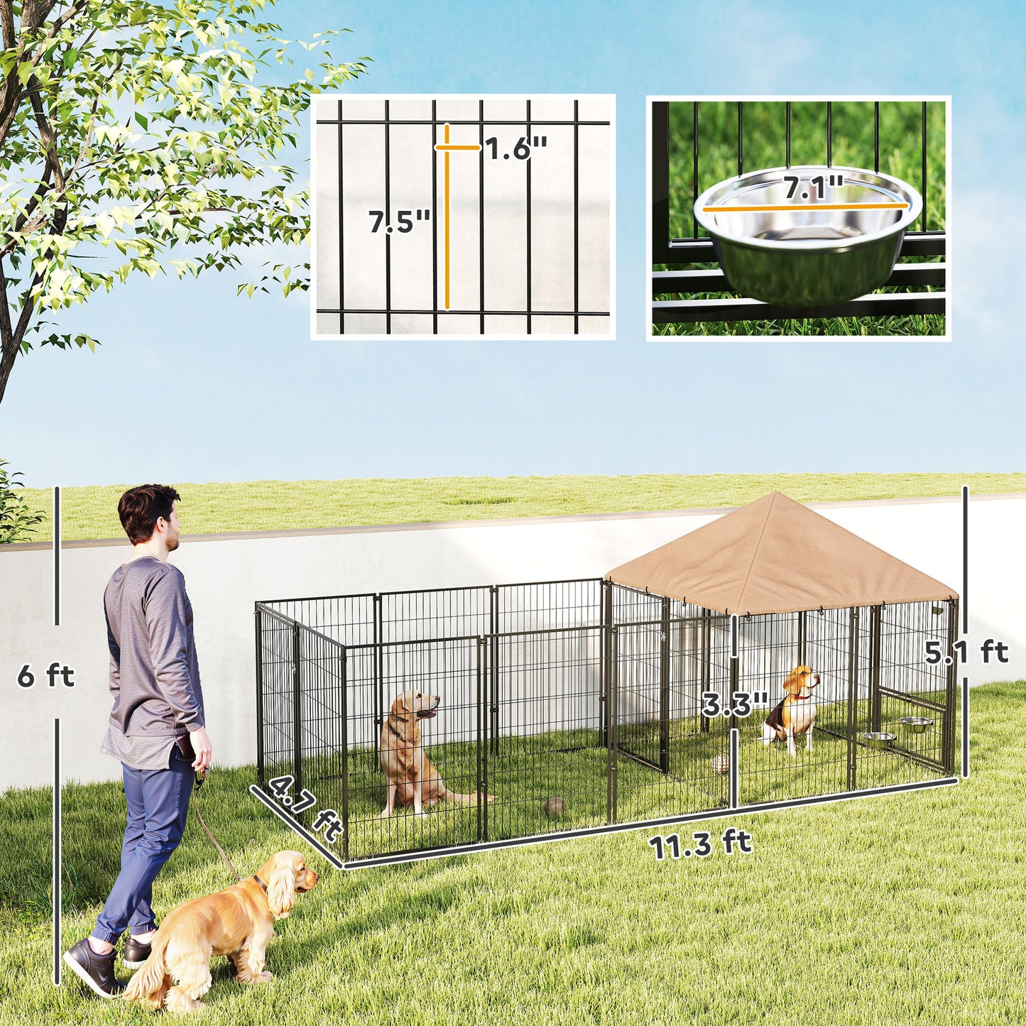 Large Outdoor Dog Kennel with Adjustable Height Bowls Waterproof Canopy