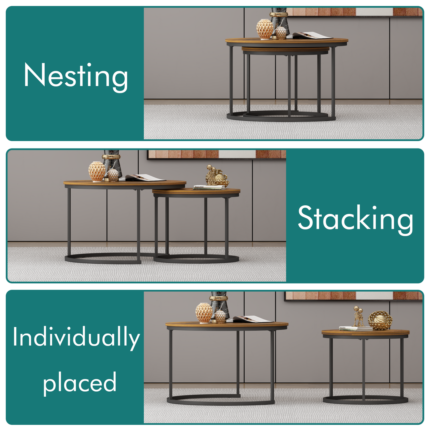 Nesting Coffee Table Set of 2 - Round Wood & Metal, Rustic Brown