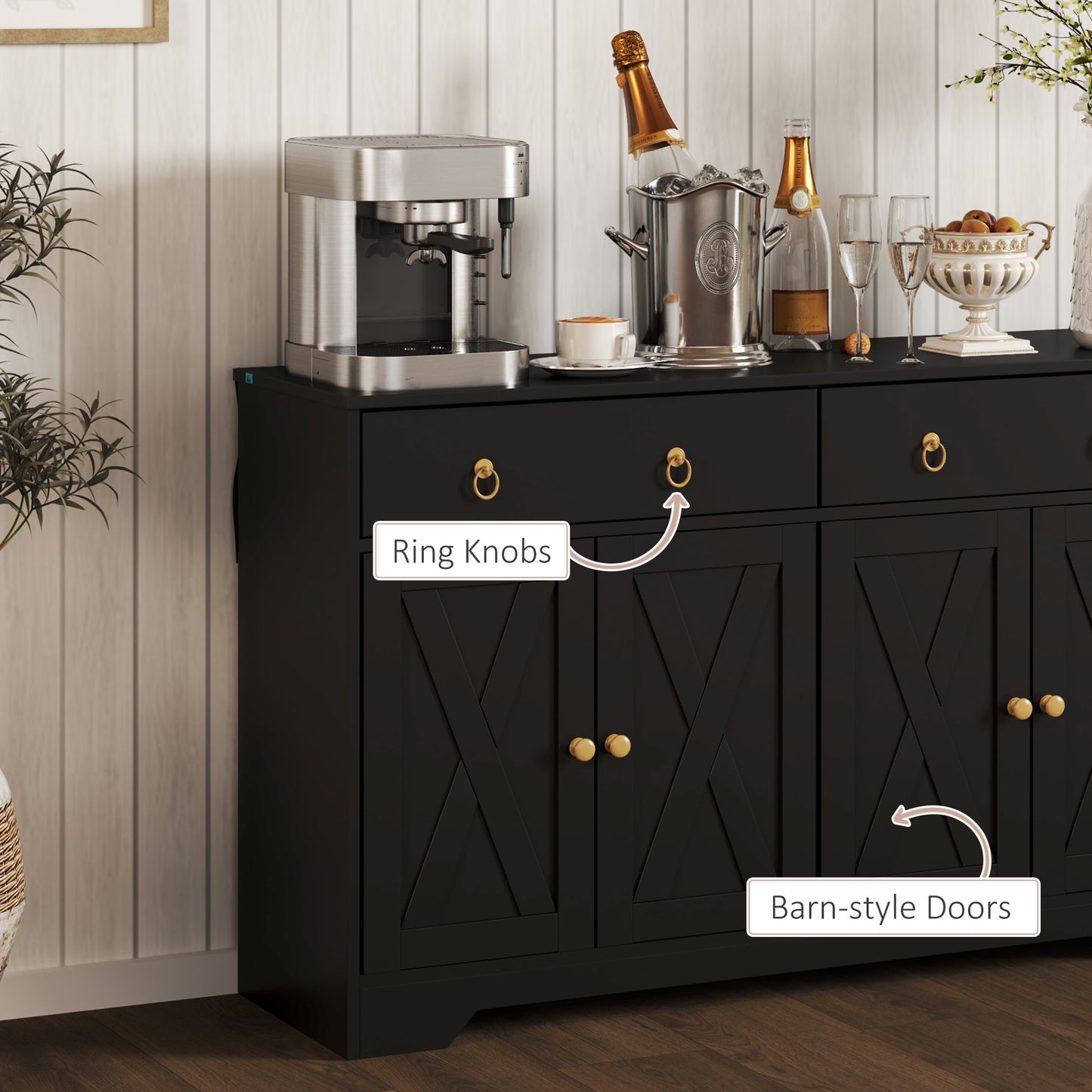 Farmhouse Kitchen Storage Sideboard with Barn Doors - Black