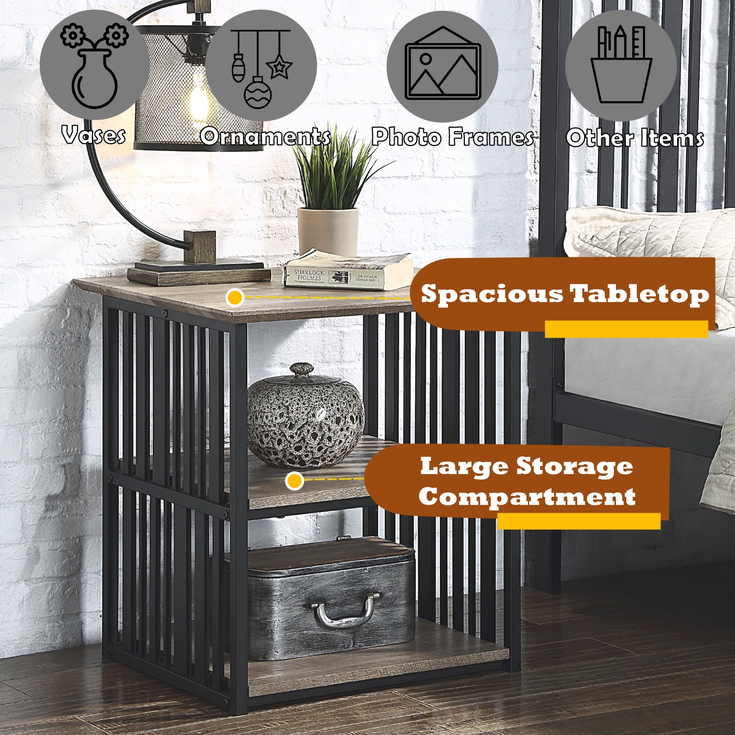 Antique Oak & Black Finish Nightstand - Industrial Style