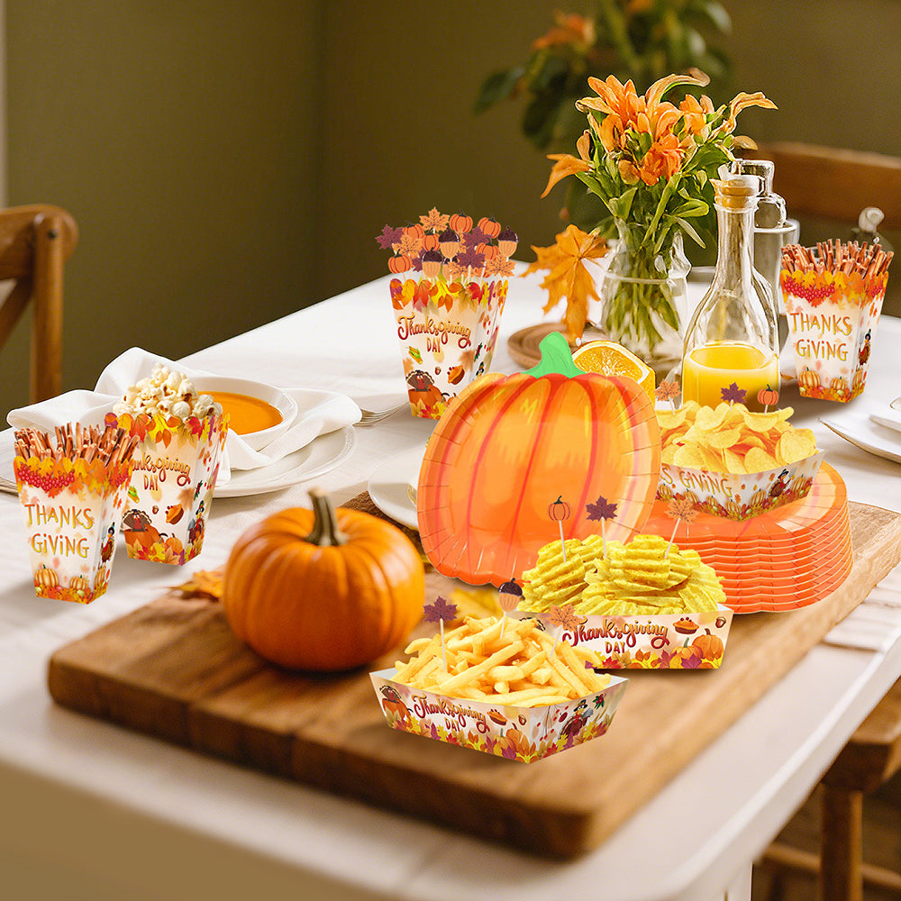 Thanksgiving Party Tableware Set - 134 Pcs Pumpkin Plates & Picks