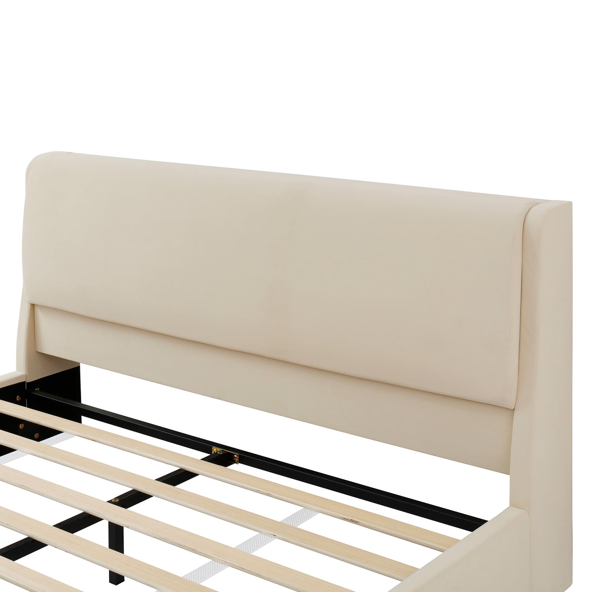 Queen Size Upholstered Platform Bed Frame with Dual Cat Caves & LED Pet Nests - Beige
