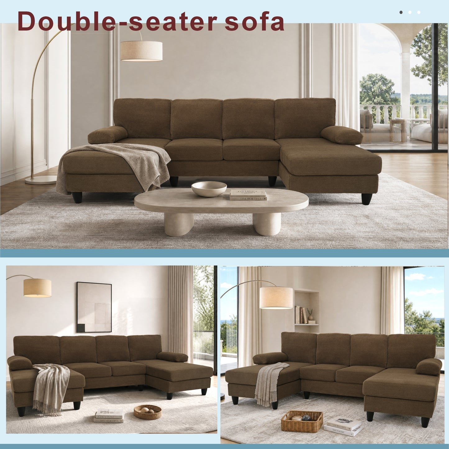Comfortable U-Shaped Sofa with Dual Chaise & Nubby Upholstery - Coffee