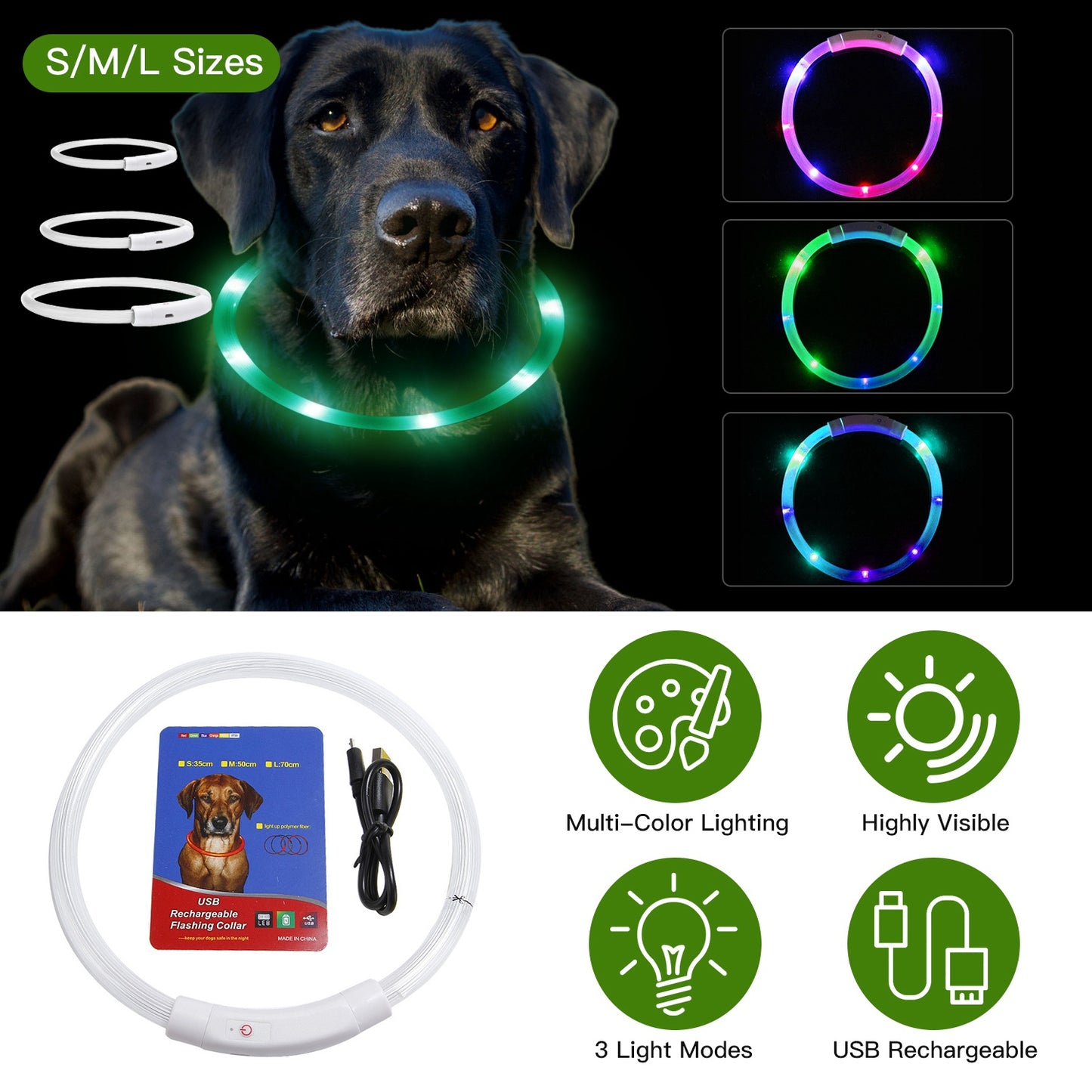 USB Rechargeable LED Dog Collar Multi-Color Safety Glow Collar for Night Walking