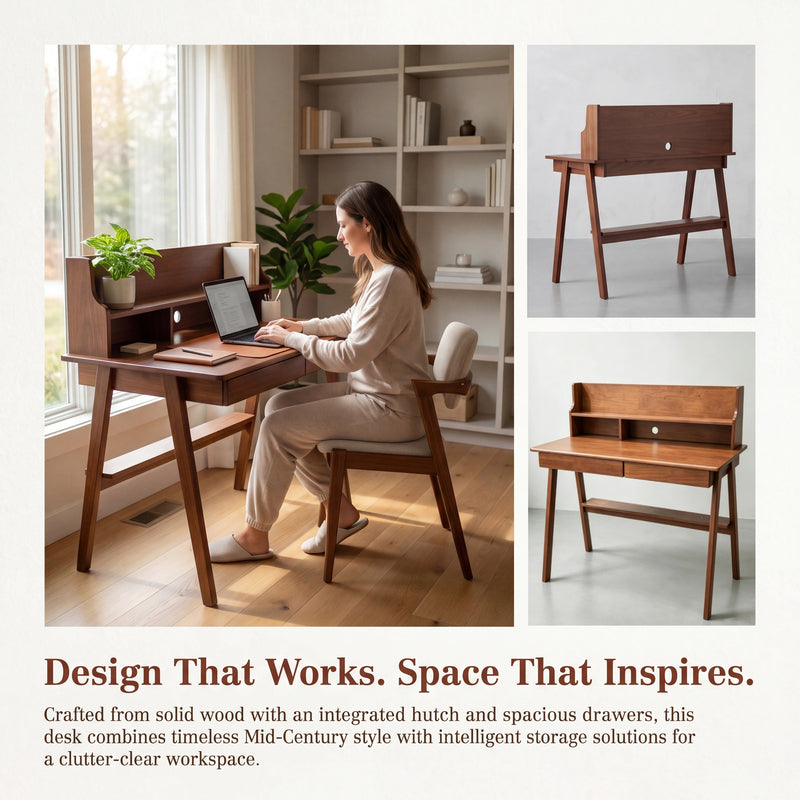 Solid Wood Mid-Century Writing Desk with Drawers - Natural