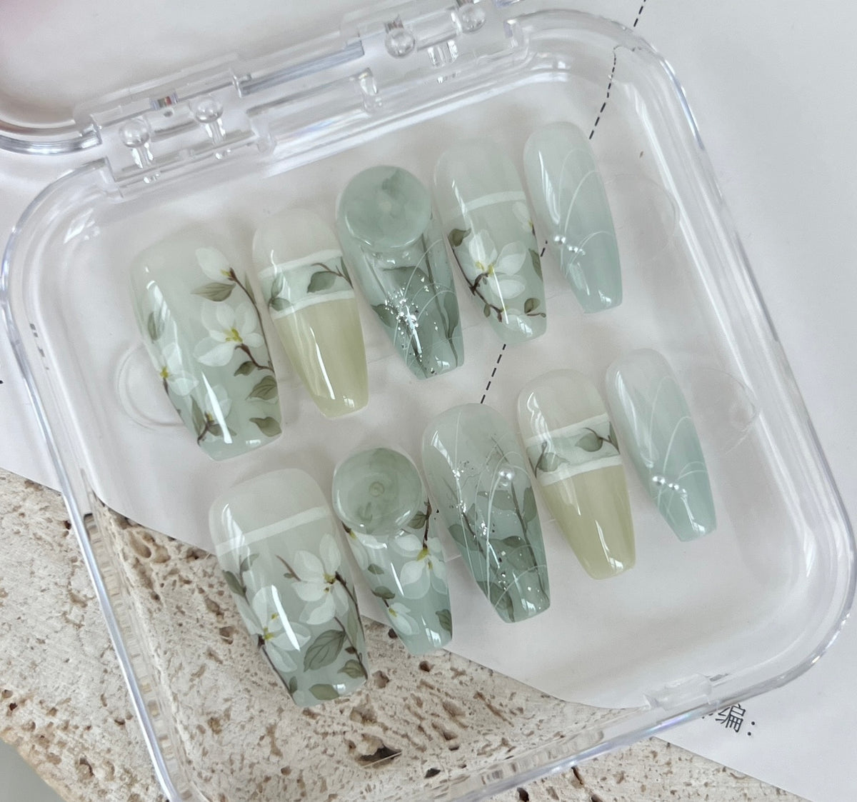 Nail Art Kit with Hand-Painted Magnolia Design - Multiple Sizes & Styles