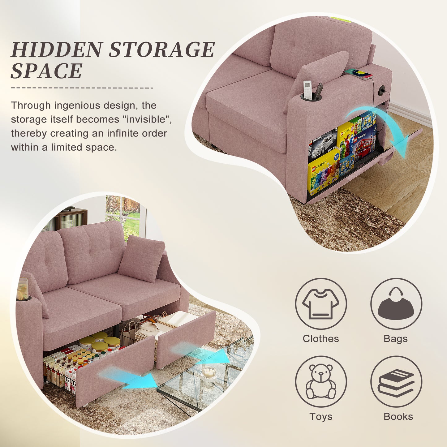 Modern 3-Seater Sofa with USB Charging & Storage - Pink