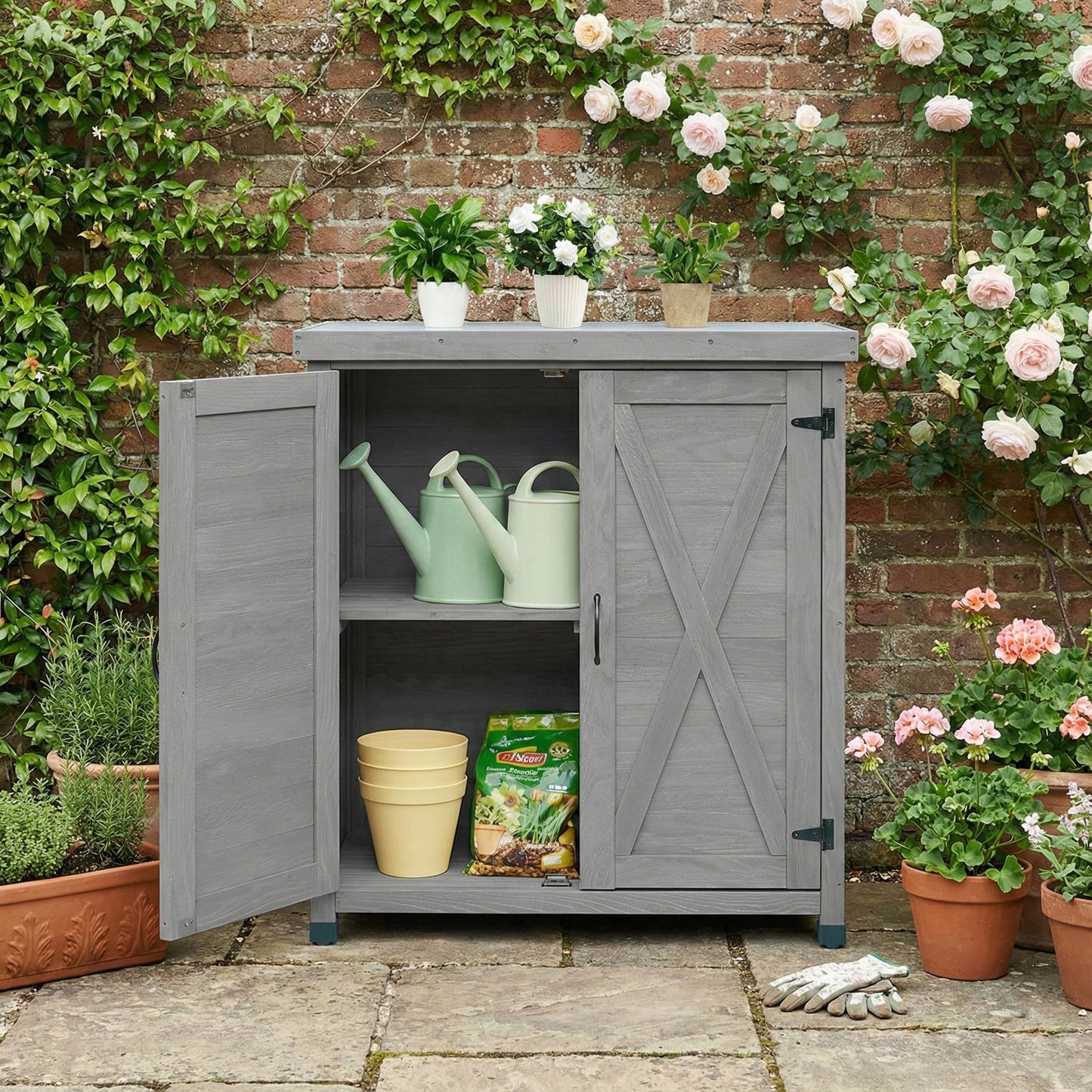 Potting Bench With Storage Cabinet And Metal Table Top For Outdoor