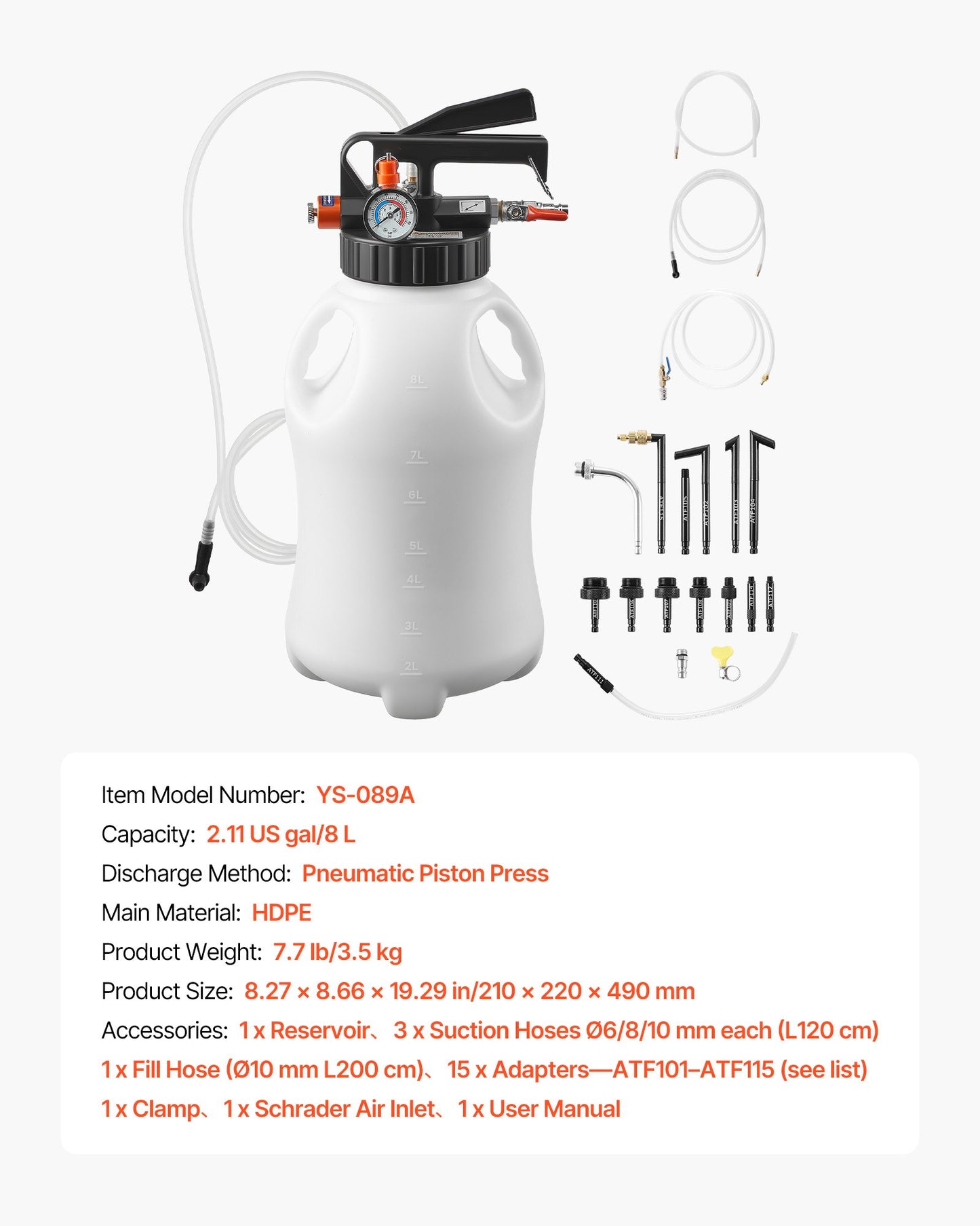 Transmission Fluid Pump 8L Pneumatic Oil Dispenser with 15 Adapters for Cars Boats Lawn Mowers