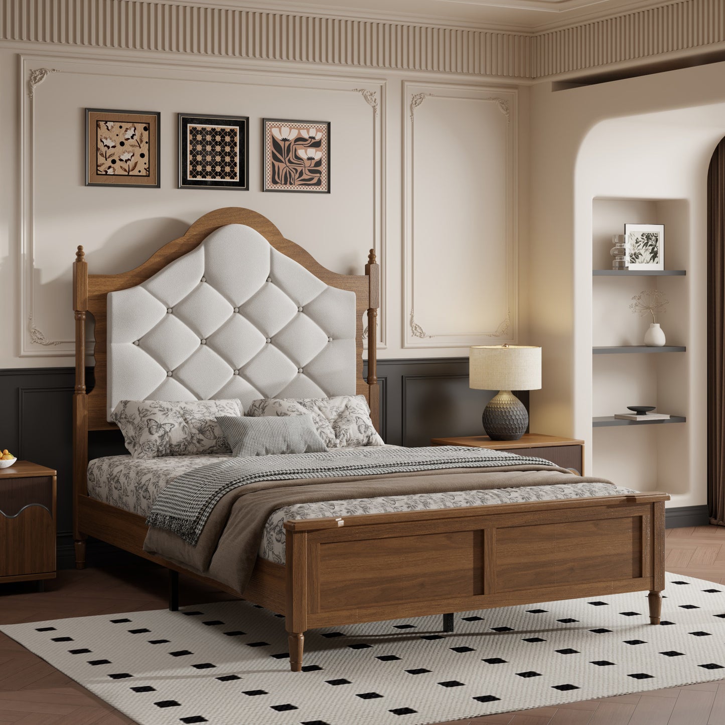 Full Size Wood Platform Bed Frame with Upholstered Headboard - Brown