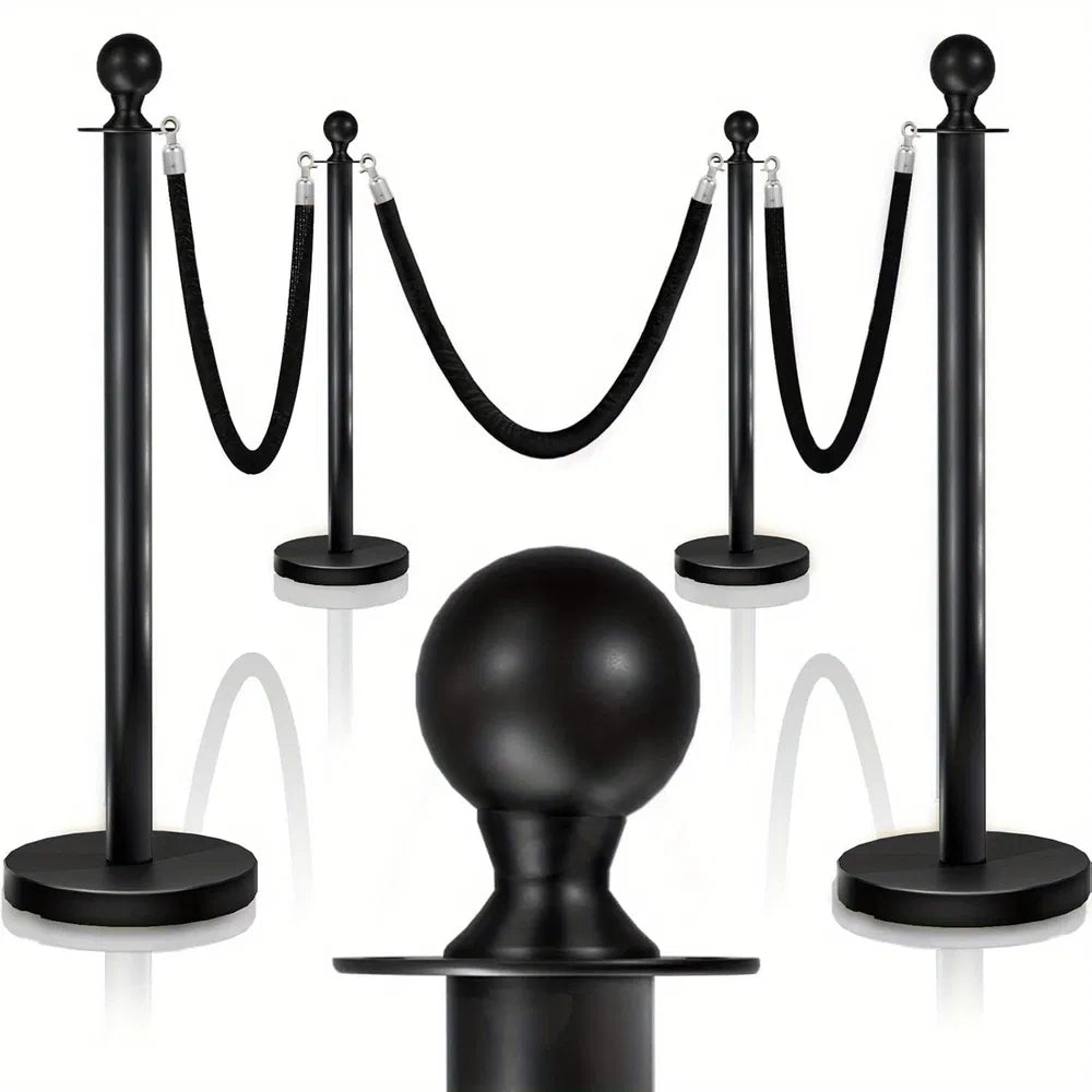 4 Pack Black Stanchions with Velvet Ropes for Crowd Control