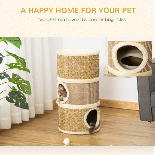 Wooden Cat Tree Tower with Scratching Posts and Cozy Hideouts - Multi-Color