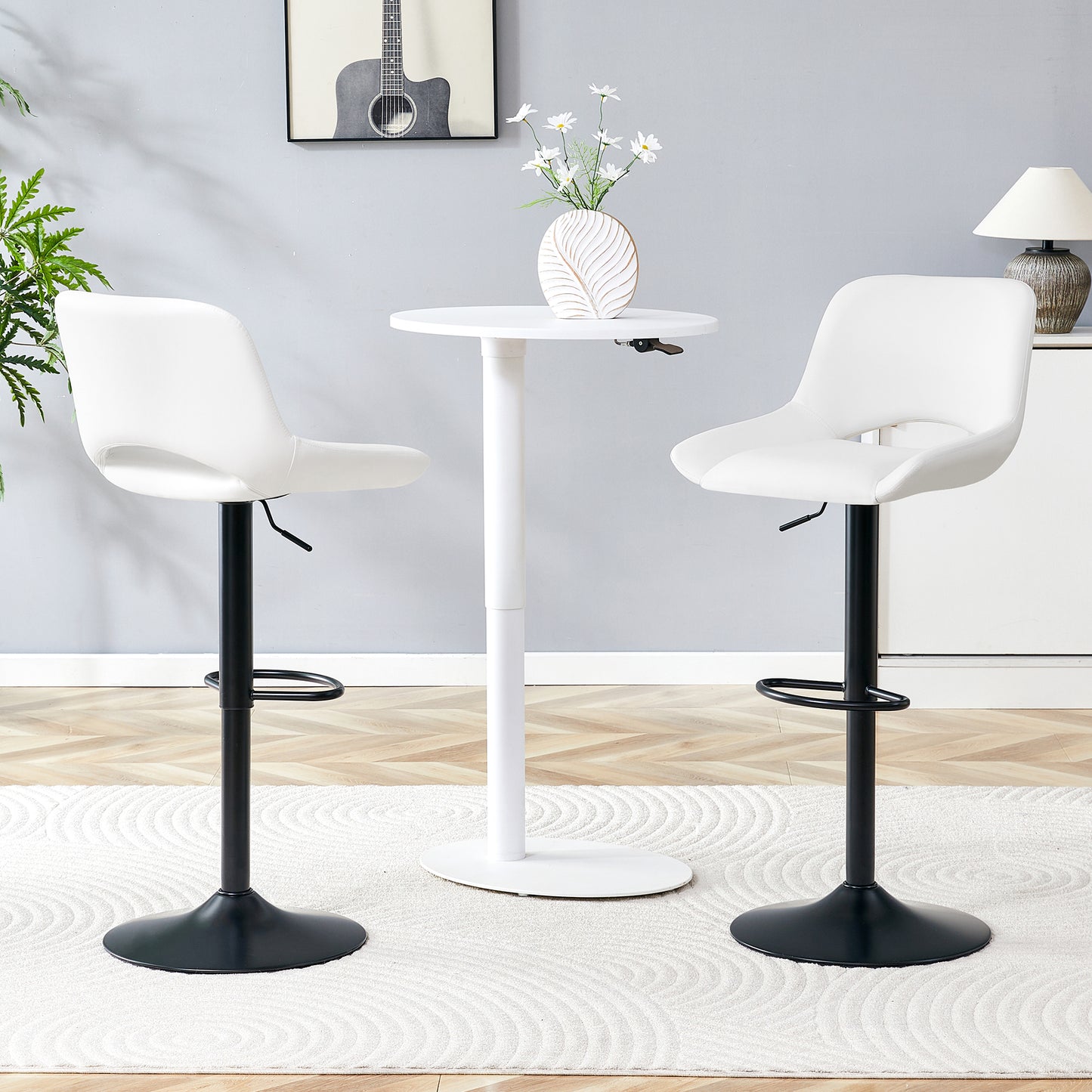 Modern Swivel Adjustable Bar Stools Set - 2 Pack, White PU Material,