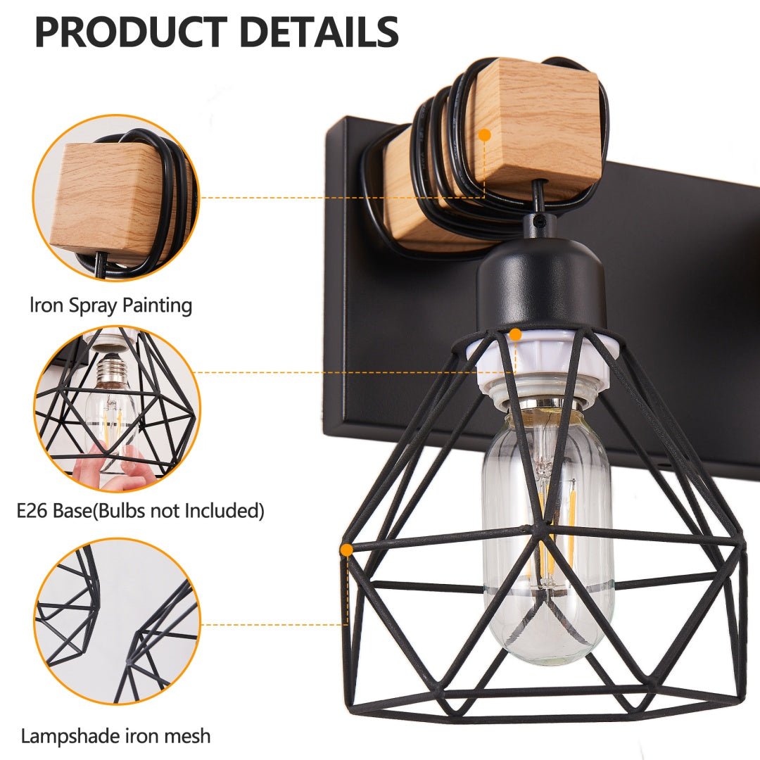Modern Geometric 5-Light Vanity Light Fixture - Black Metal & Wood