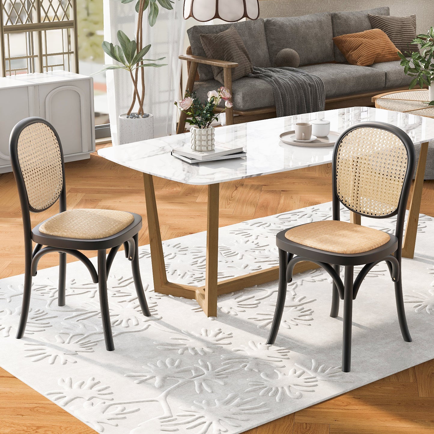 Black Dining Chairs Set of 2 - Retro Style with Foam & Rattan