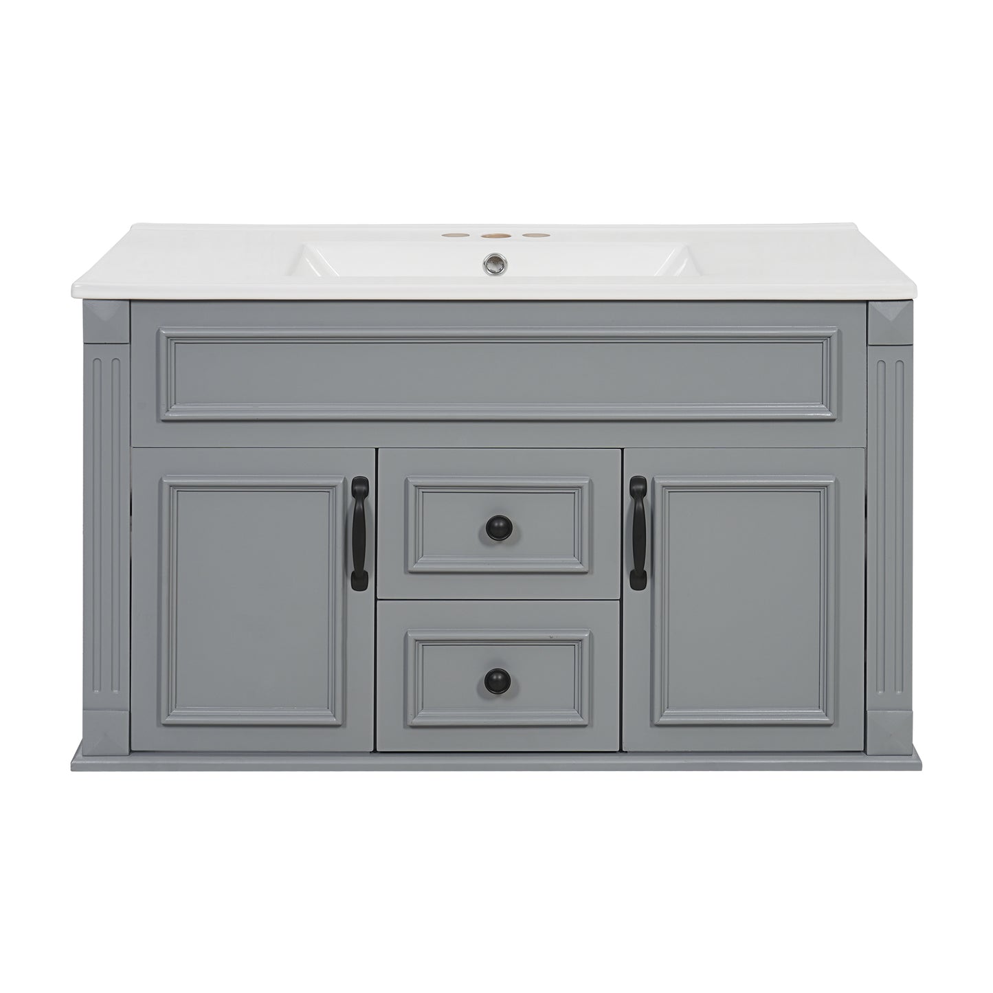 36-Inch Wall-Mounted Bathroom Vanity with Ceramic Sink - Gray