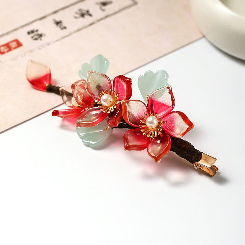Red Crystal Flower Hairpin - Vintage Hanfu Accessory