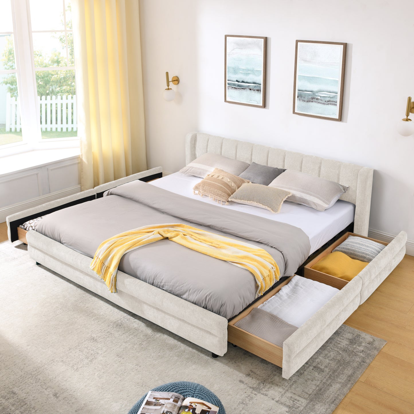 King Size Upholstered Bed Frame with Storage Drawer - Beige