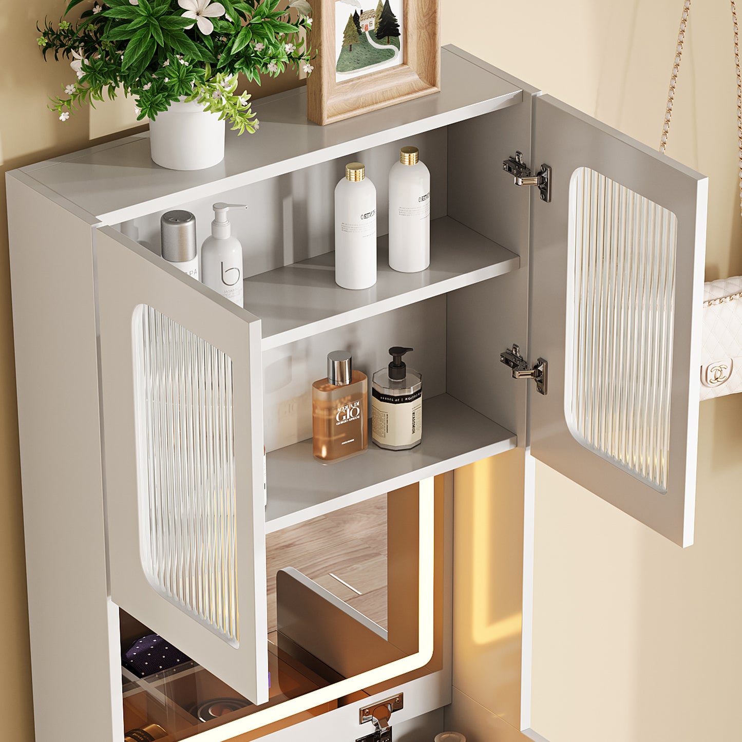 3-in-1 Vanity Table With LED Mirror & Storage Stool, Flip Top Makeup