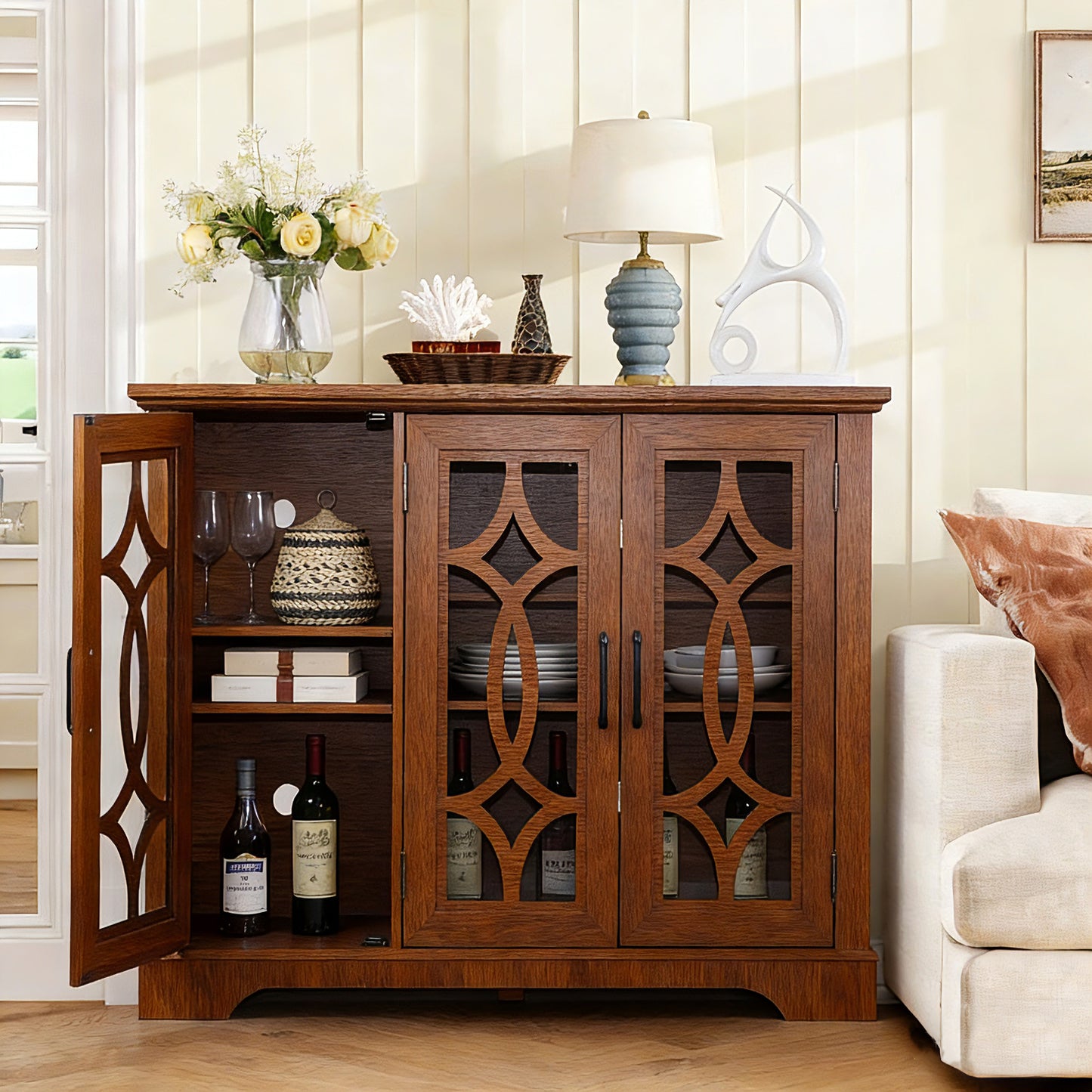 48.66 X 15.55 34.06in Spacious Size Sideboard 3 Clear Tempered Glass