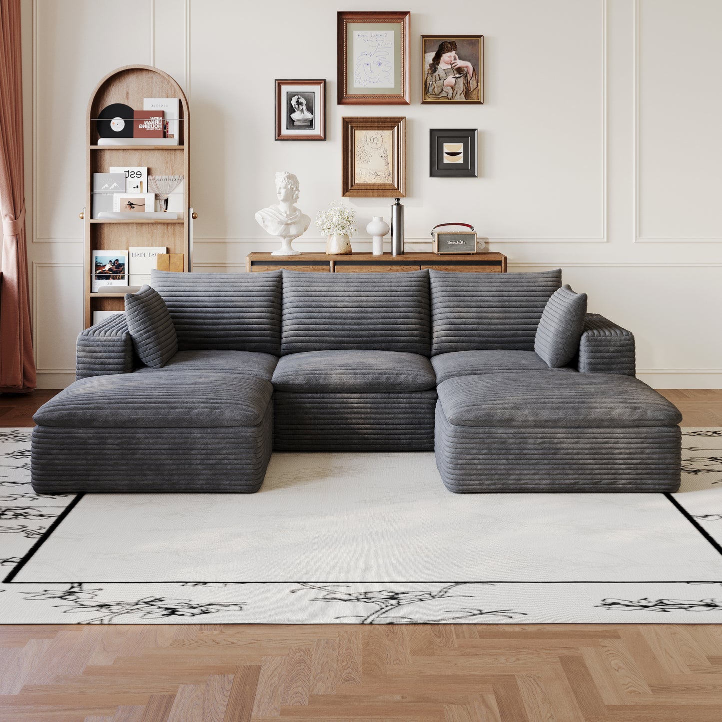 102" Cloud Sofa - Corduroy Fabric, Deep Seat, Removable Cushions, Dark Grey