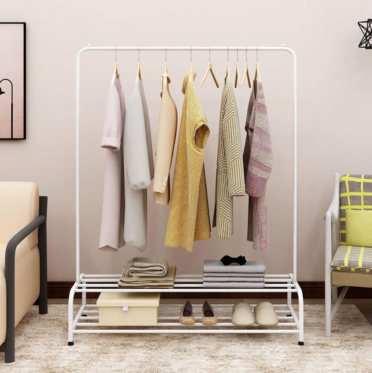 Heavy Duty Metal Garment Rack with Bottom Shelf - White