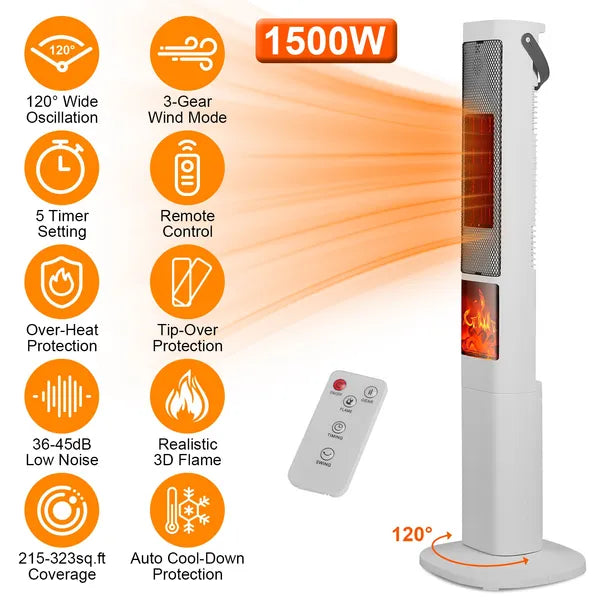 1500W Oscillating Ceramic Tower Space Heater with Remote Control