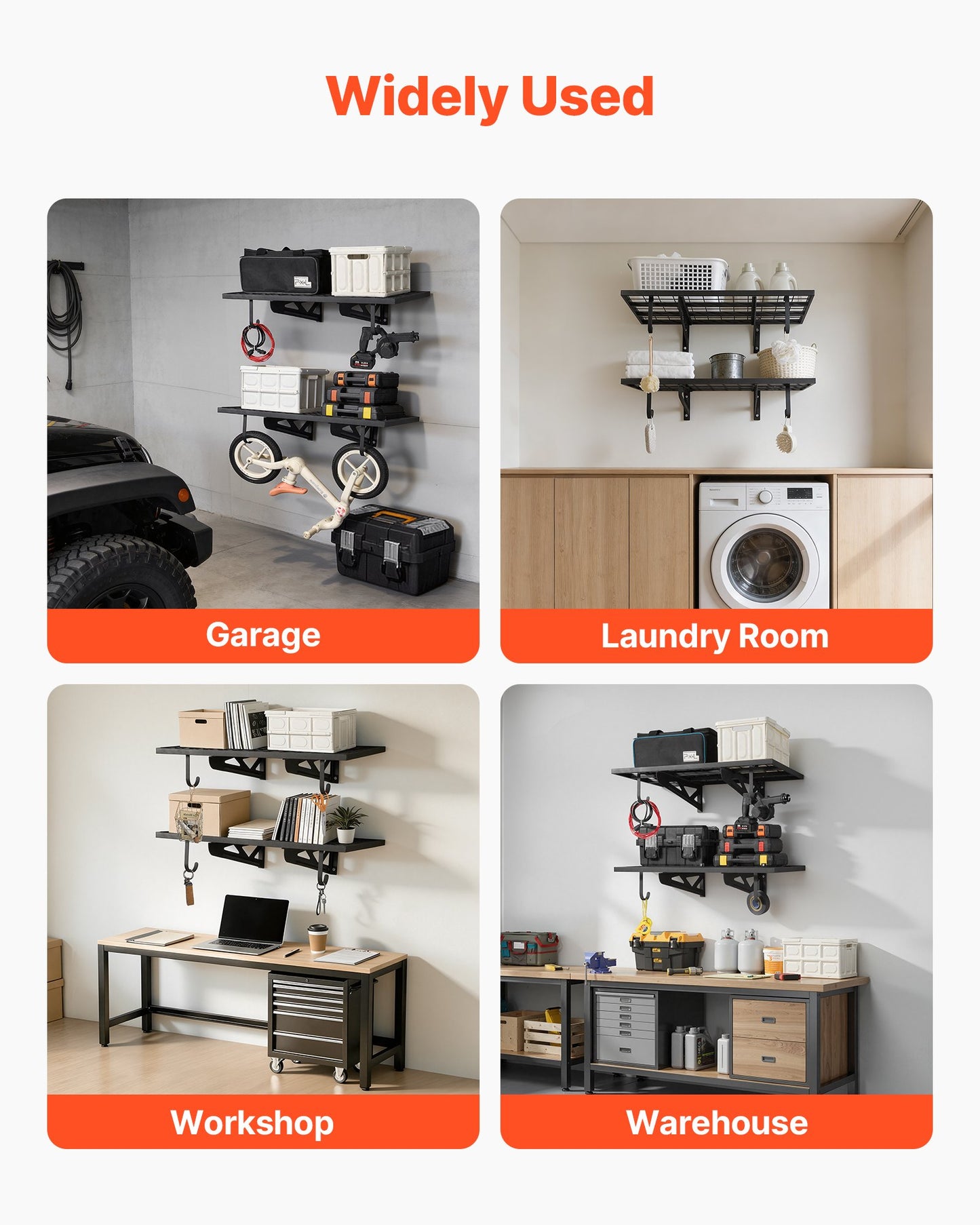 Heavy Duty Wall Garage Shelving Unit - 2 Tiers, Steel, Black, 24x36 Inches