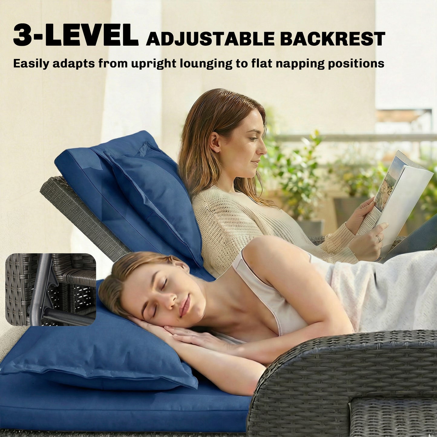 Outdoor Rattan Daybed with Storage Ottoman - Navy Blue