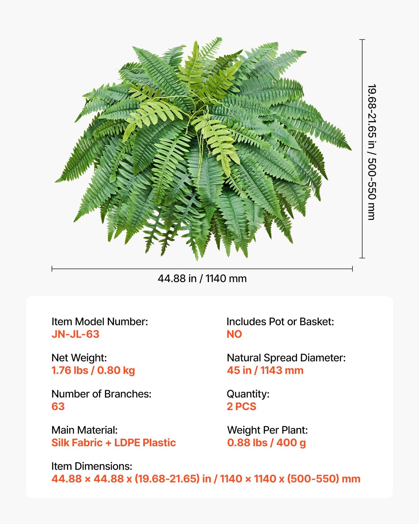 Artificial Fern Plants - 45 Inch Faux Boston Fern Bush Set of 2 for Indoor Outdoor Decor