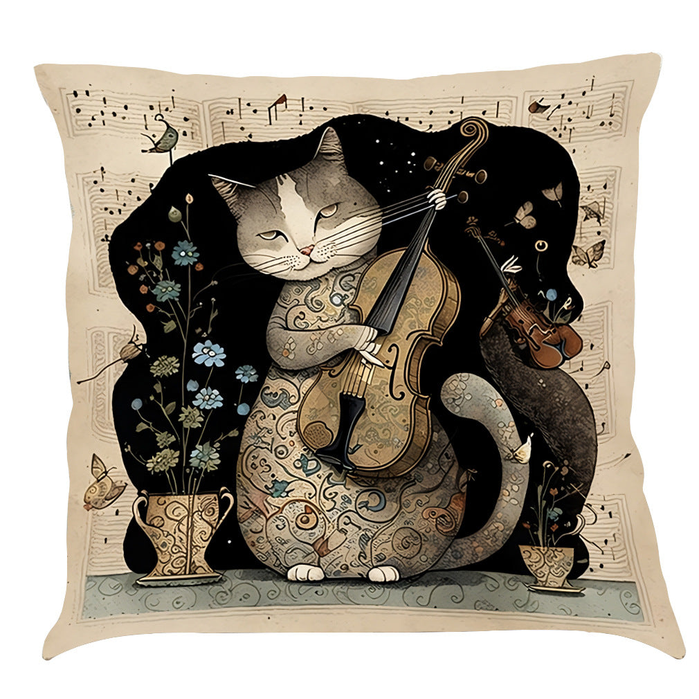 Musical Cats Printed Cotton Linen Pillowcase - Home Decor & Bedding