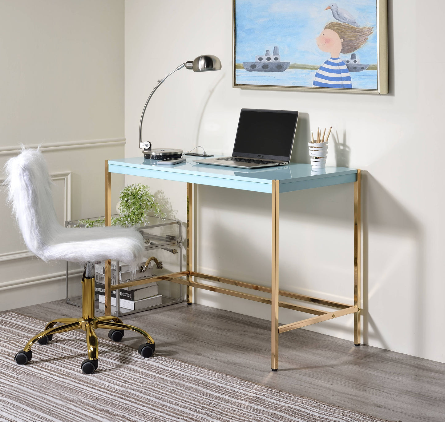 Modern Baby Blue & Gold Writing Desk with USB Port