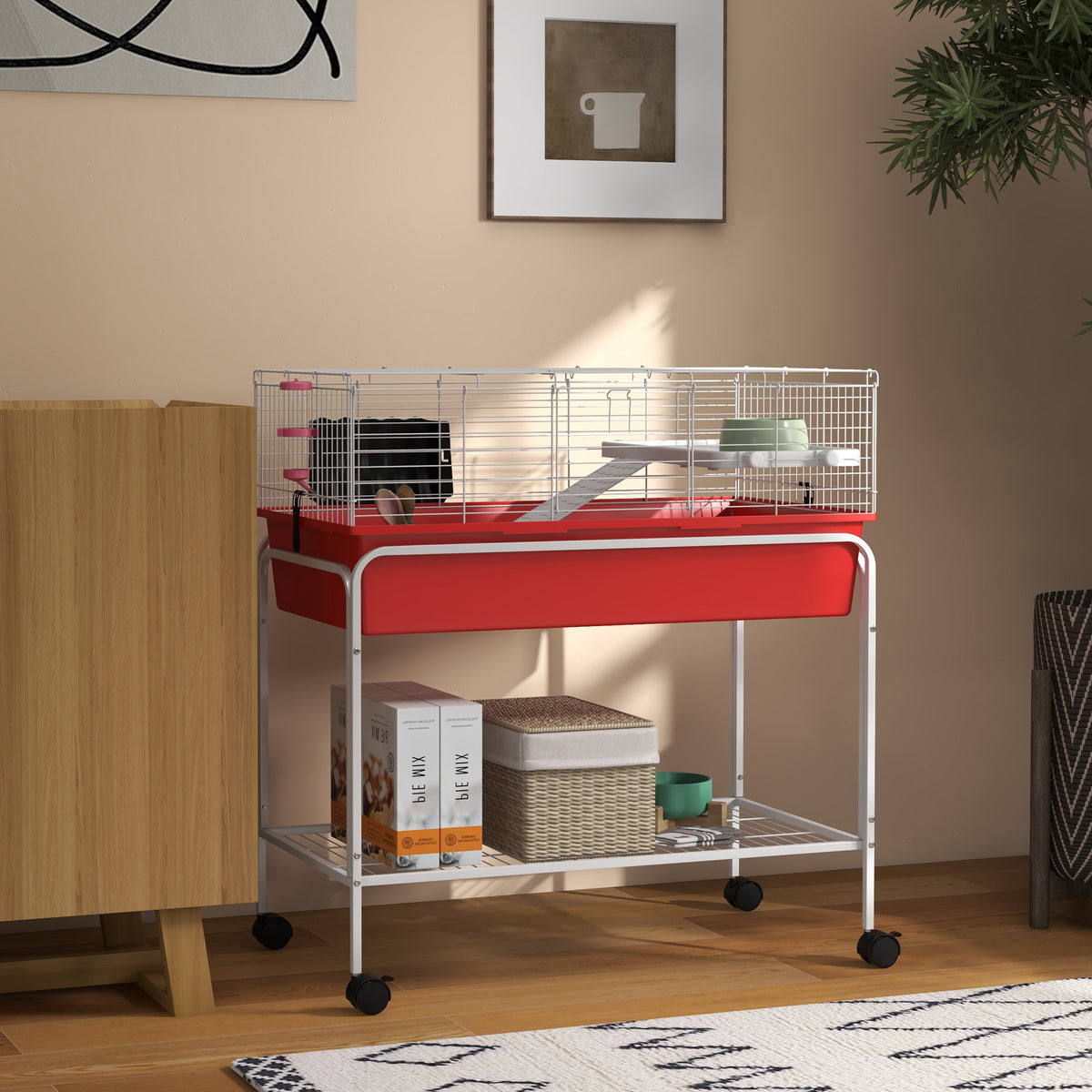 Small Animal Cage with Removable Stand, Wheels & Shelf - 33x18.5x35 Inches, Red