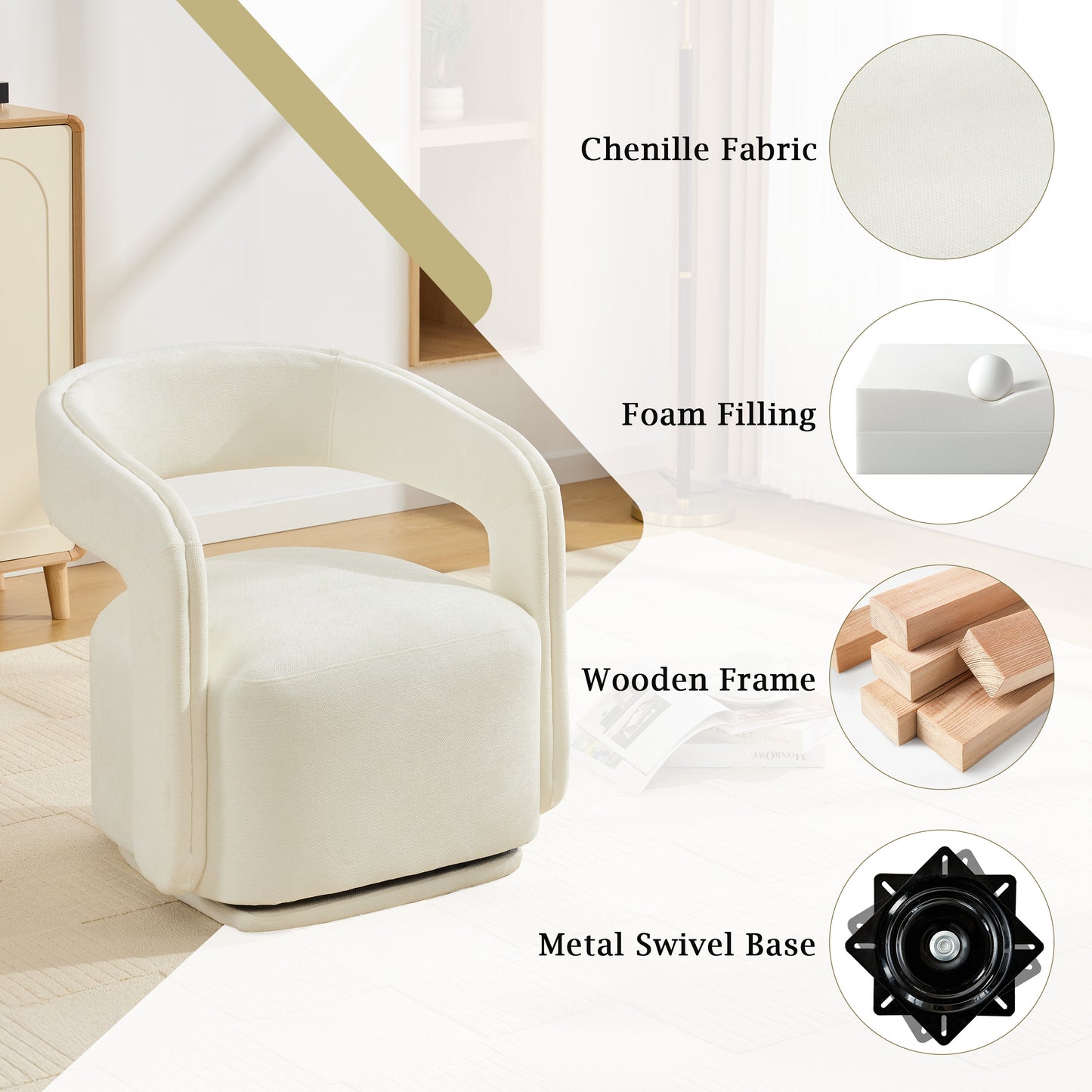Comfy Chenille Fabric Swivel Accent Armchair - White
