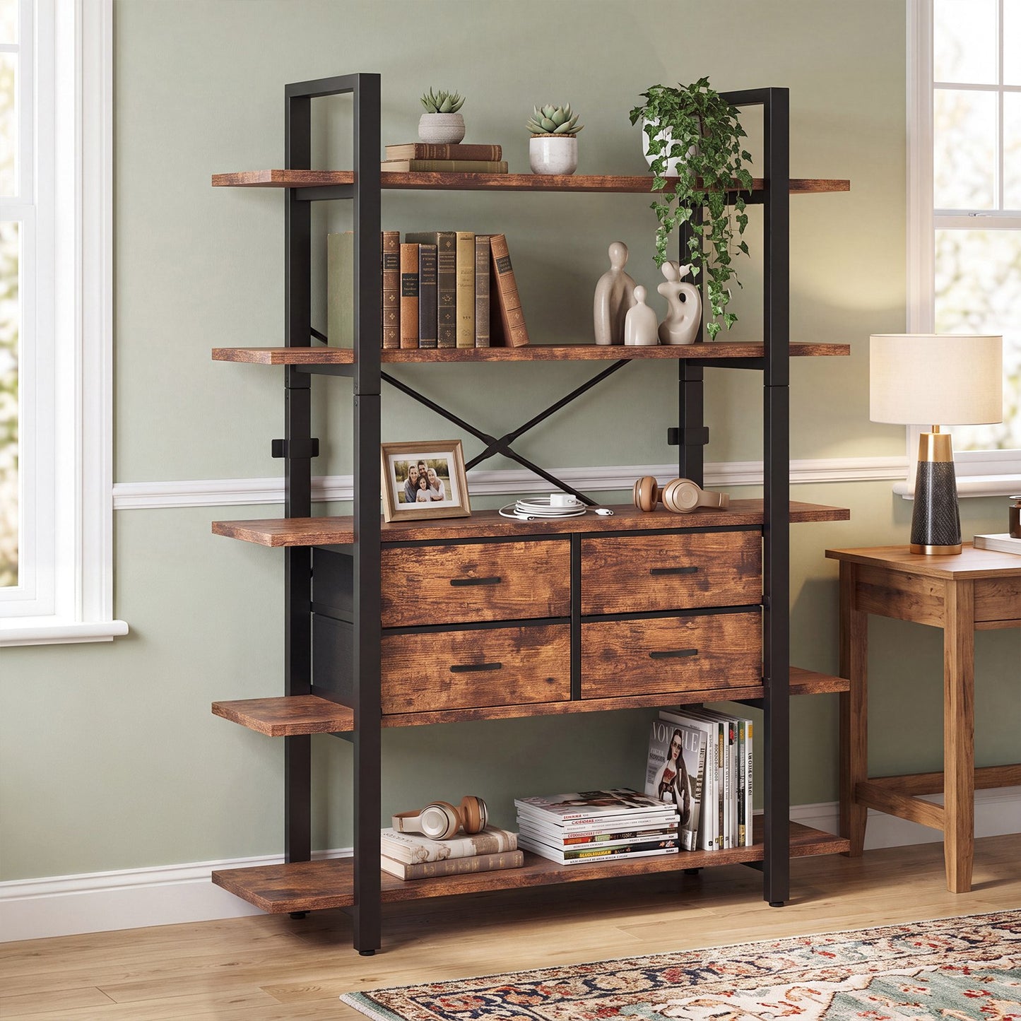 Industrial 5-Tier Bookshelf with 4 Drawers - Rustic Brown