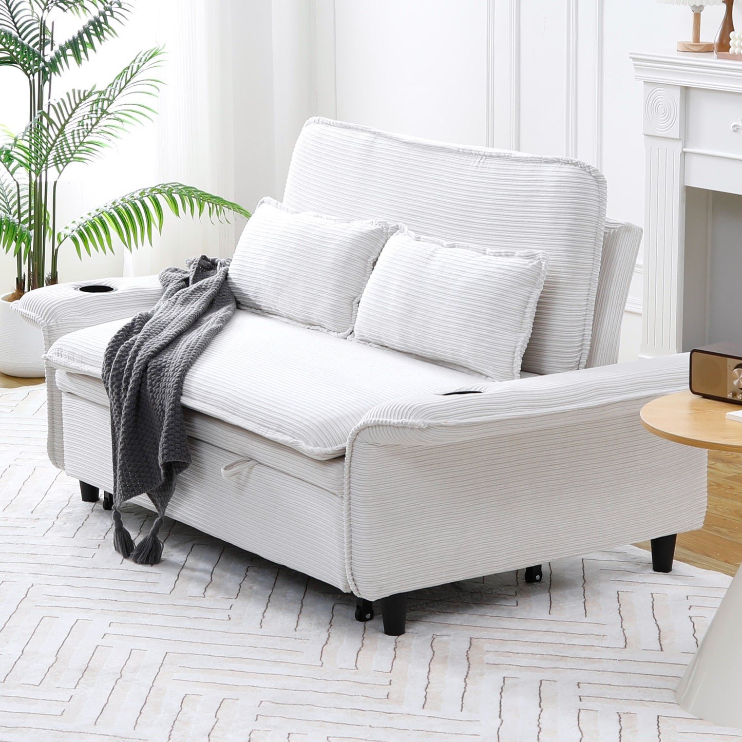 Multi-functional Beige Striped Sofa Bed with Adjustable Armrests