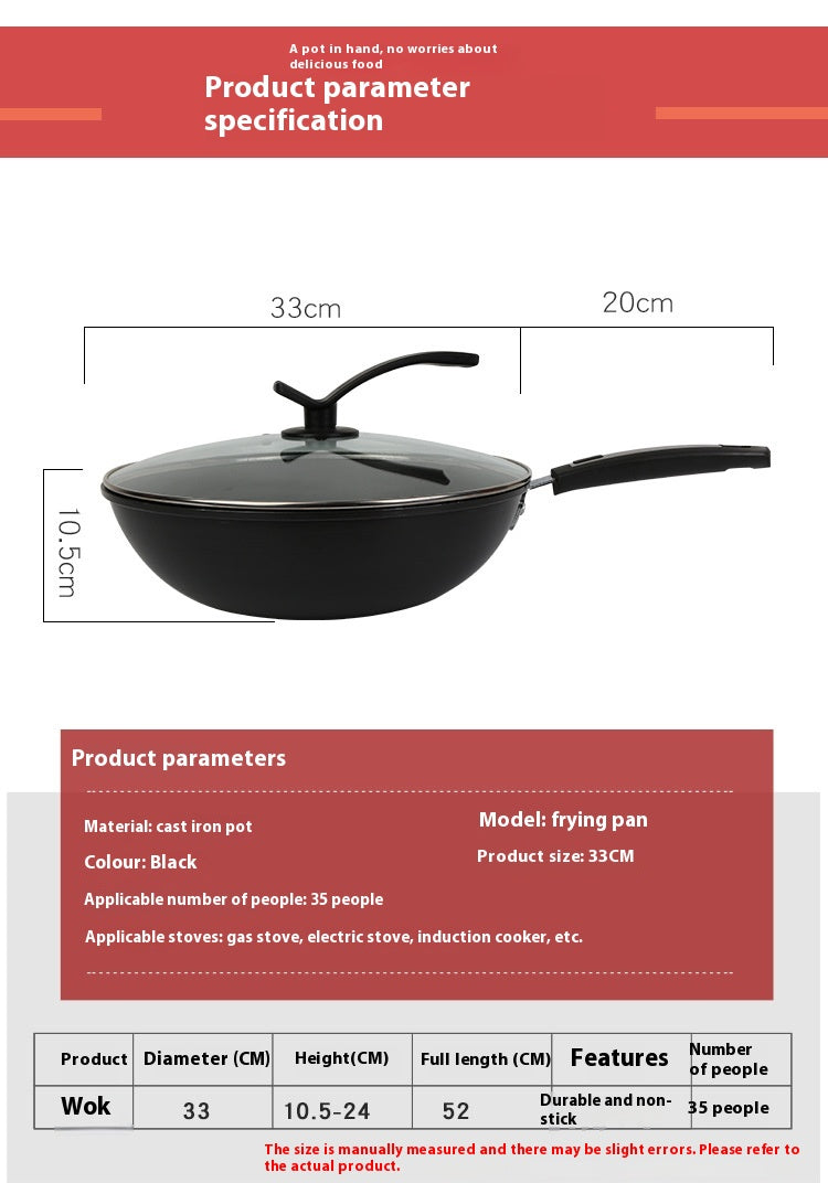 Non-Stick Iron Wok with Double Bottom - 30cm, 32cm, 34cm Sizes