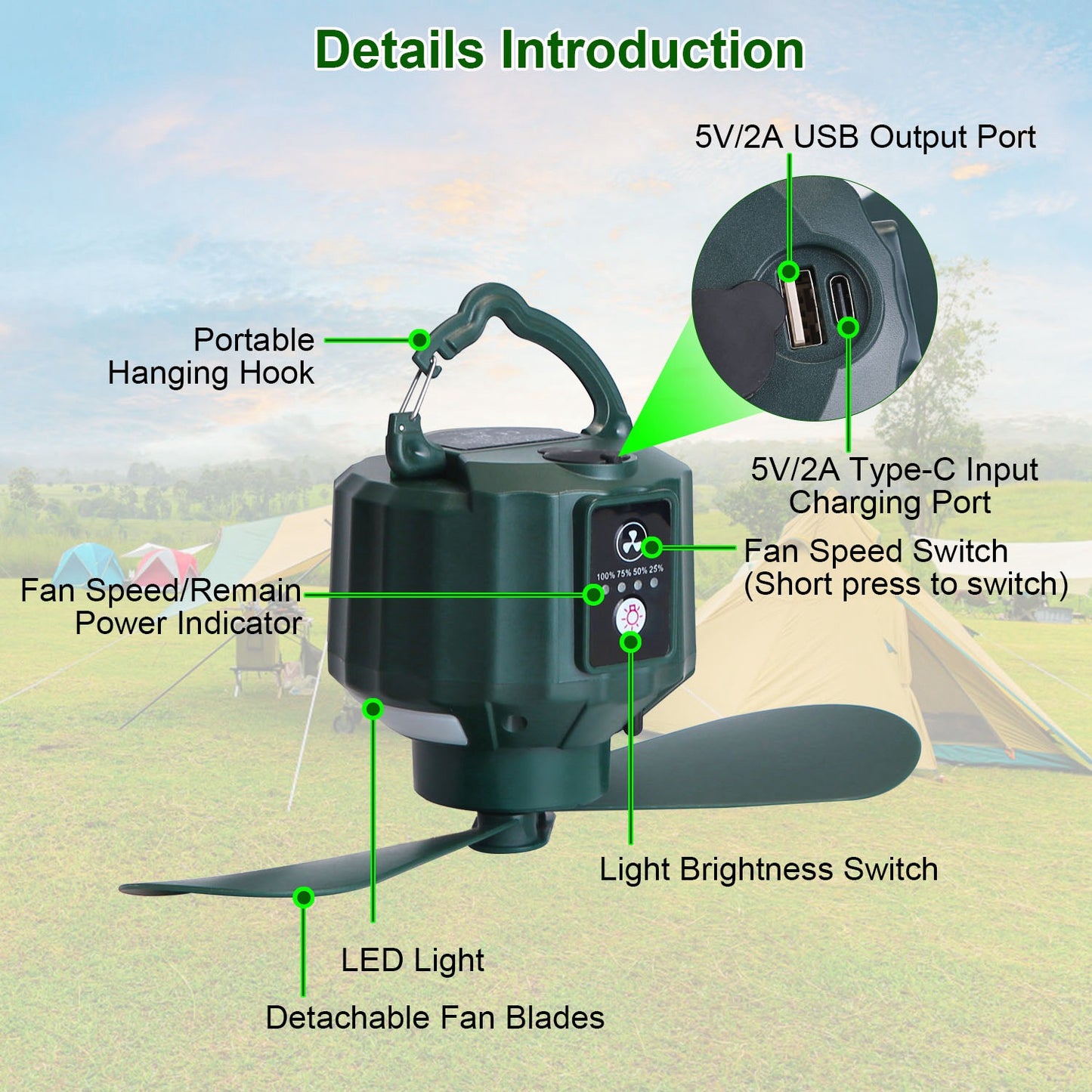 Portable Camping Ceiling LED Fan with Remote Control - 3-in-1 Lantern, Power Bank, Adjustable Speed & Brightness