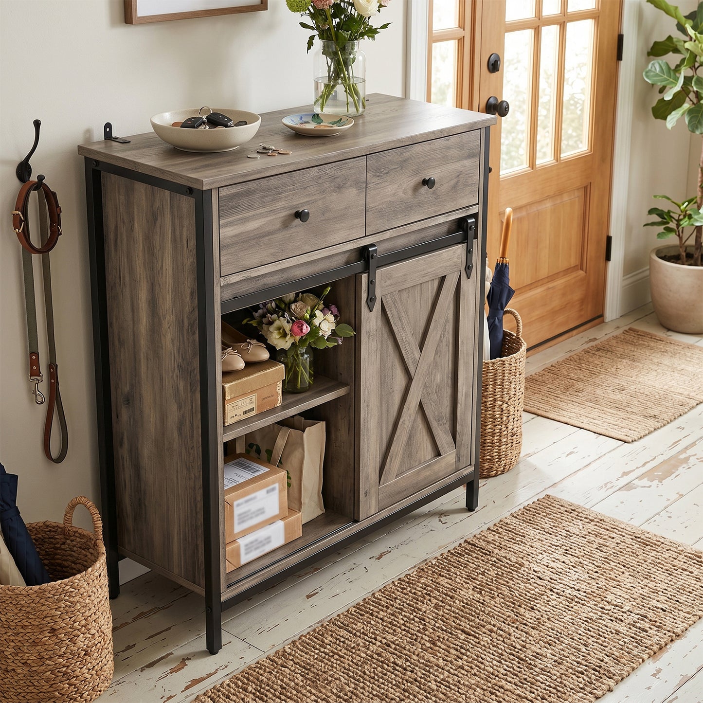 Farmhouse Buffet Cabinet with Sliding Barn Door & Adjustable Shelves