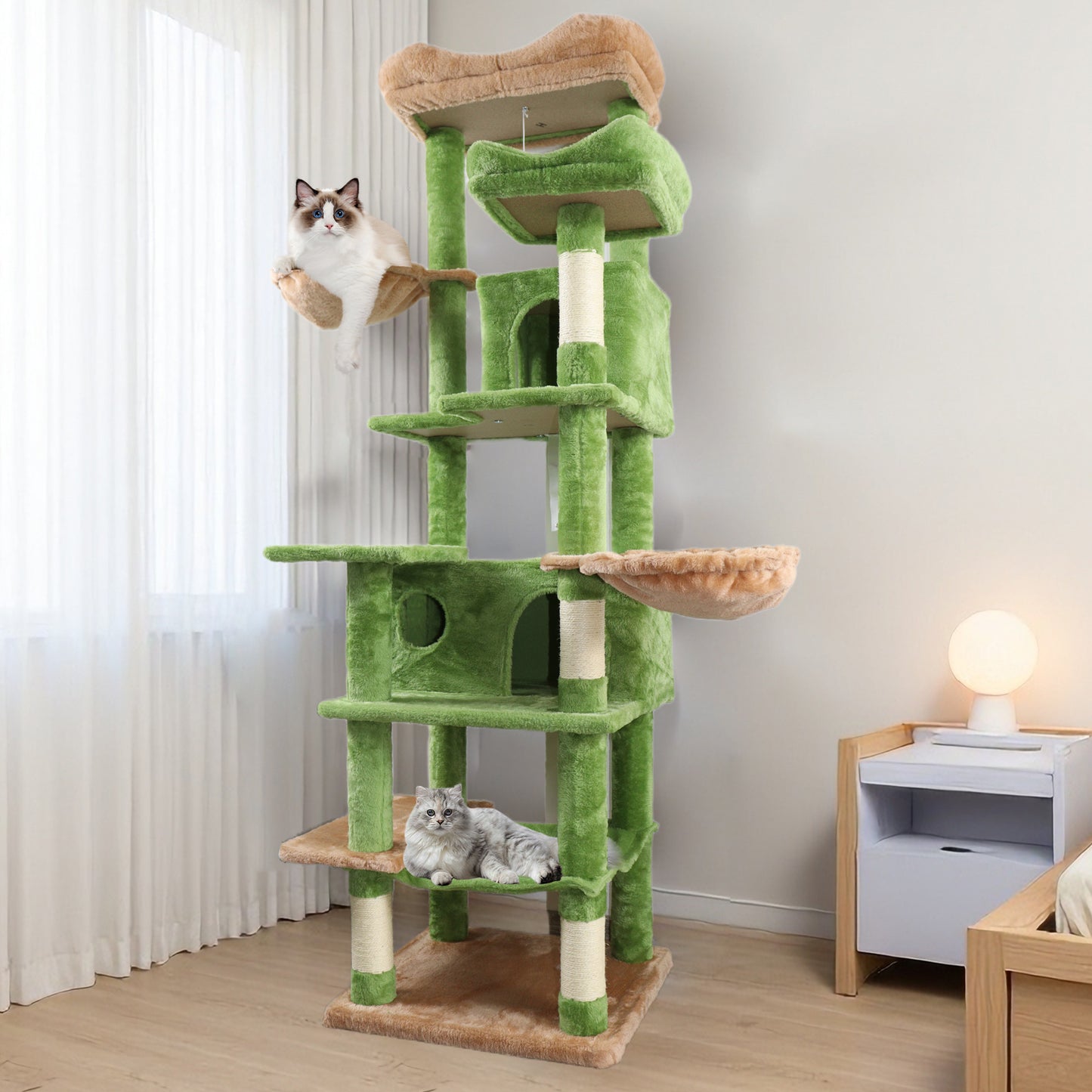 Tall Multi-Level Green Cat Tree with Hammocks and Scratching Posts - Plush Cat Tower for Indoor Cats