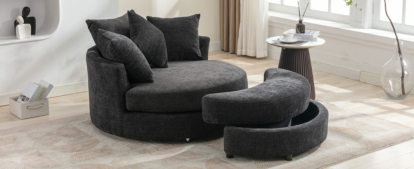 360° Swivel Accent Barrel Chair with Storage Ottoman & 4 Pillows - Gray