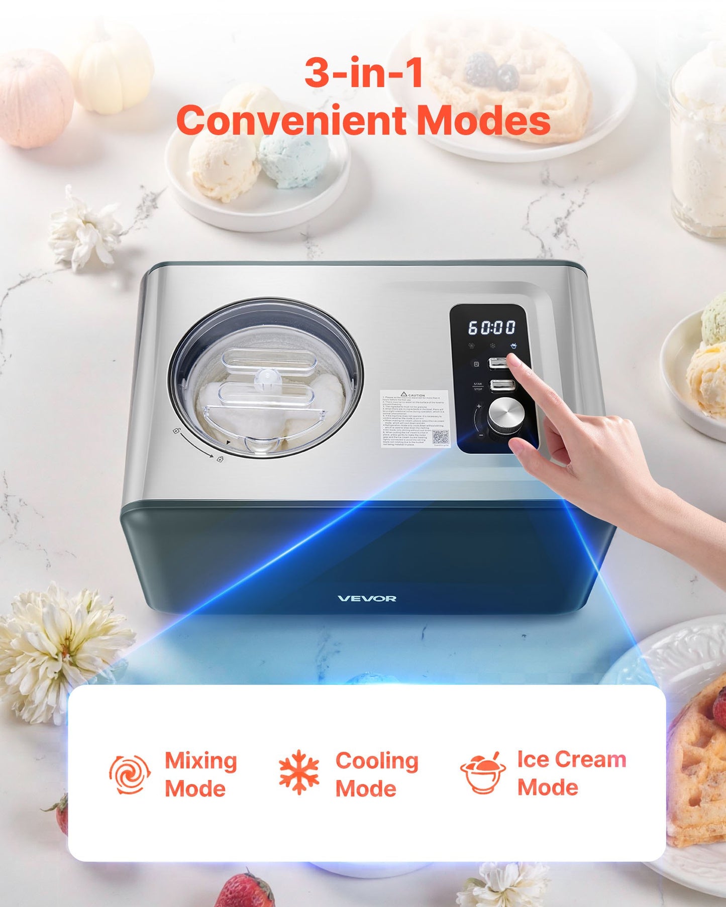 Black 1.5 QT Automatic Ice Cream Maker with Built-in Compressor, No Pre-Freezing