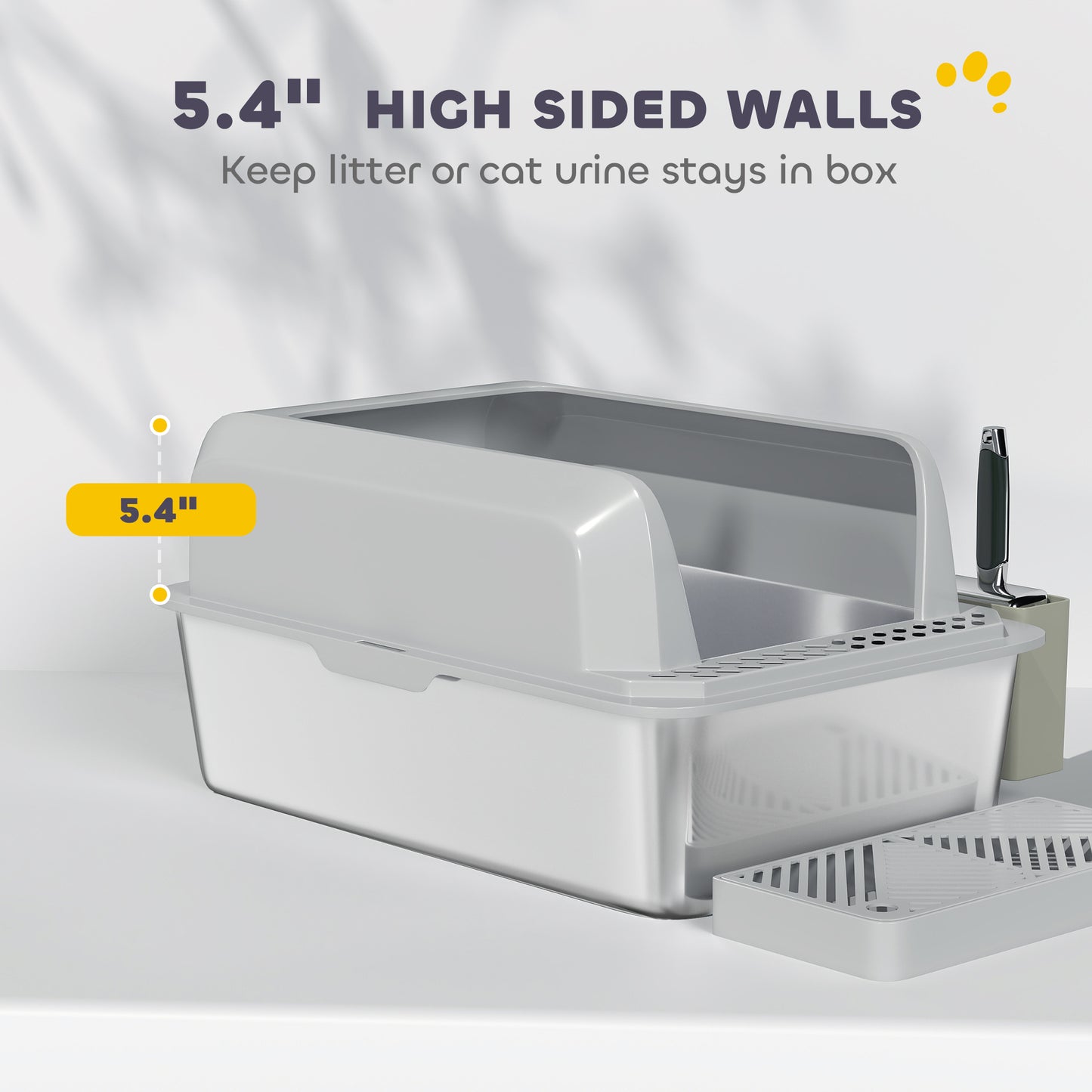 Stainless Steel Cat Litter Box with Scoop & Holder, High Sided, Leakproof