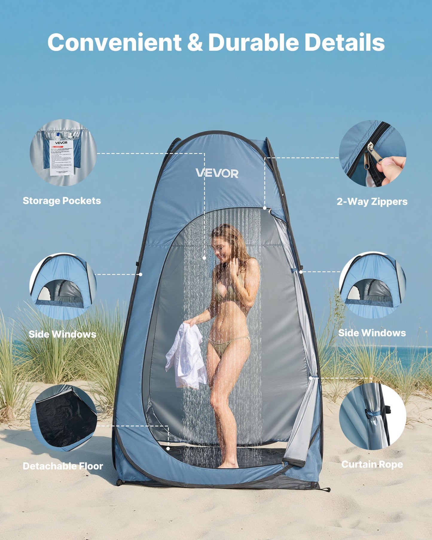 Portable Pop Up Shower Tent with Ground Stakes & Carry Bag - Waterproof Outdoor Privacy Enclosure, Blue