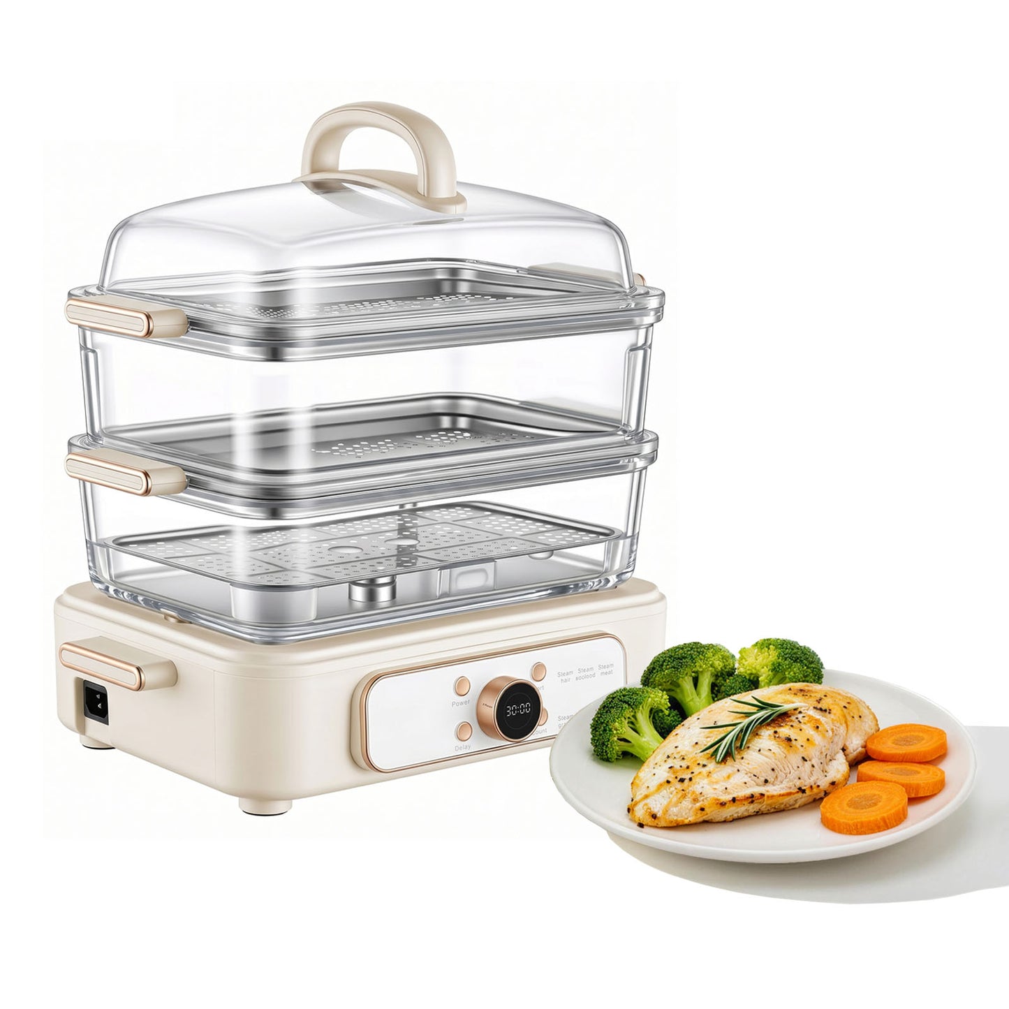 Electric Food Steamer 10.6 QT Glass & Stainless Steel Trays 1200W for Veggies Seafood Rice