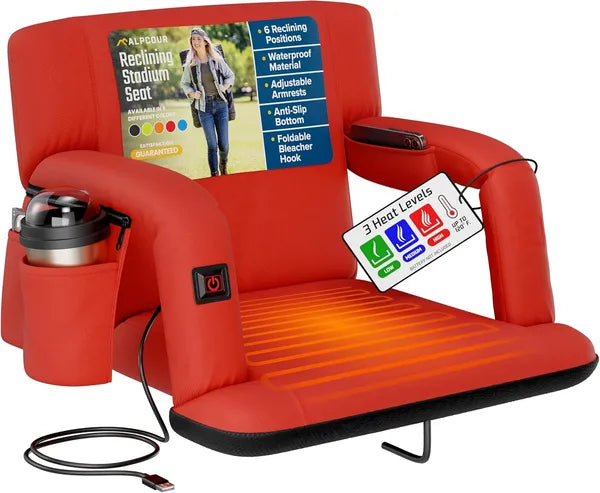 Heated Reclining Stadium Seat with Back Support - Red, 21" Wide