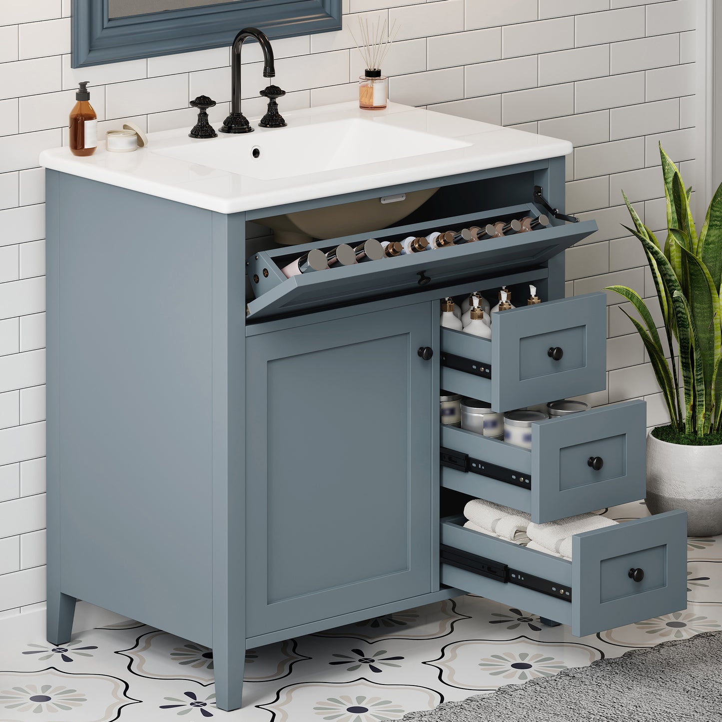 30-Inch Gray Blue Bathroom Vanity with Sink and 3 Drawers