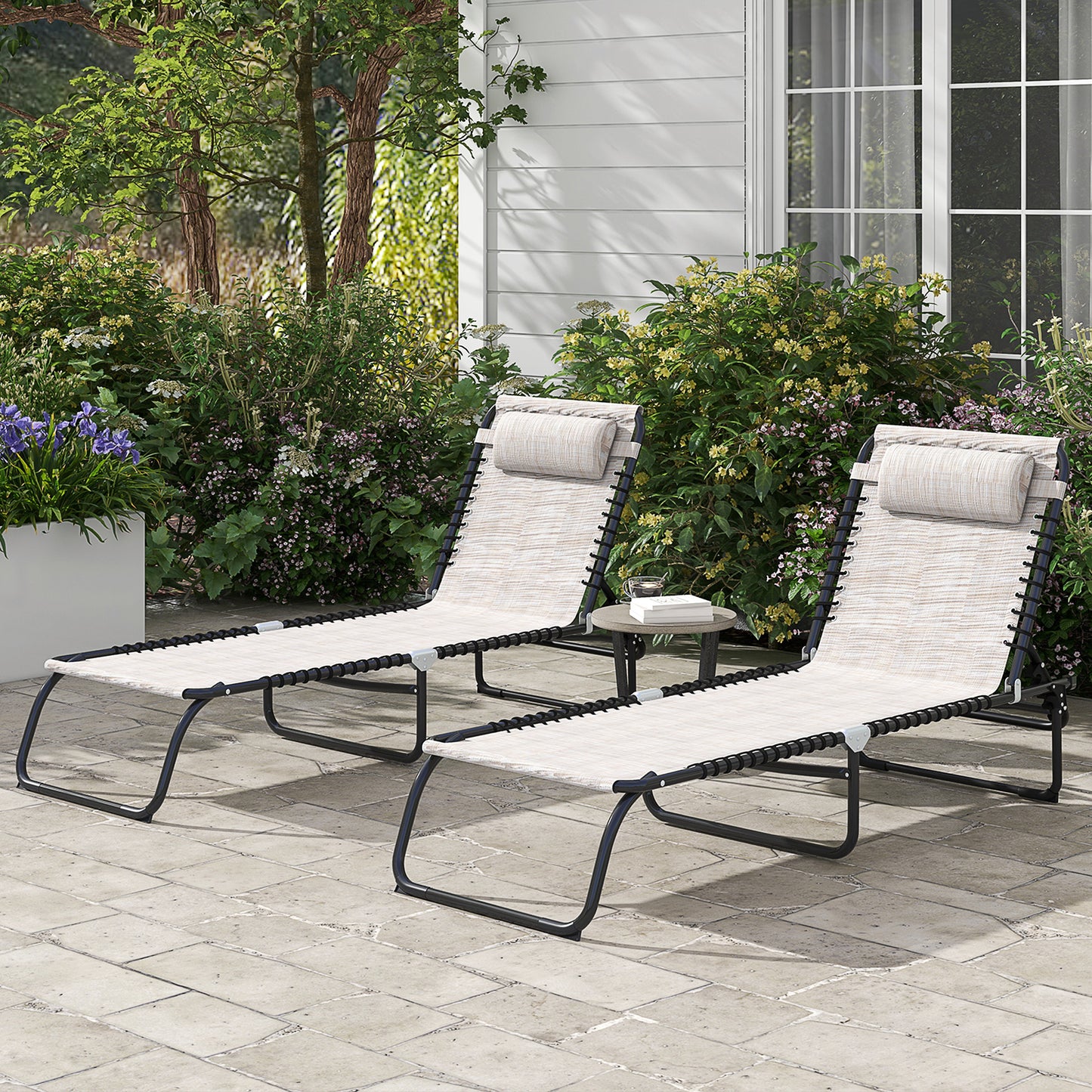 2 Folding Chaise Lounge Pool Chairs - 4-Position Recline, Dark Blue